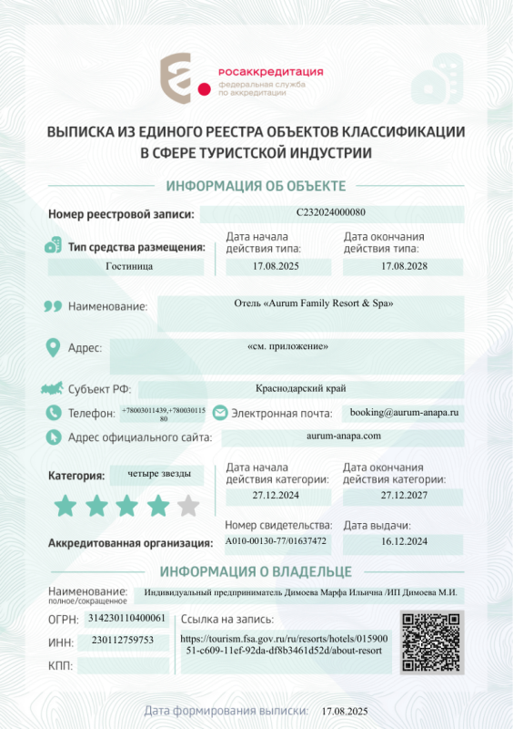 Выписка из Единого Реестра объектов классификации в сфере туристической индустрии